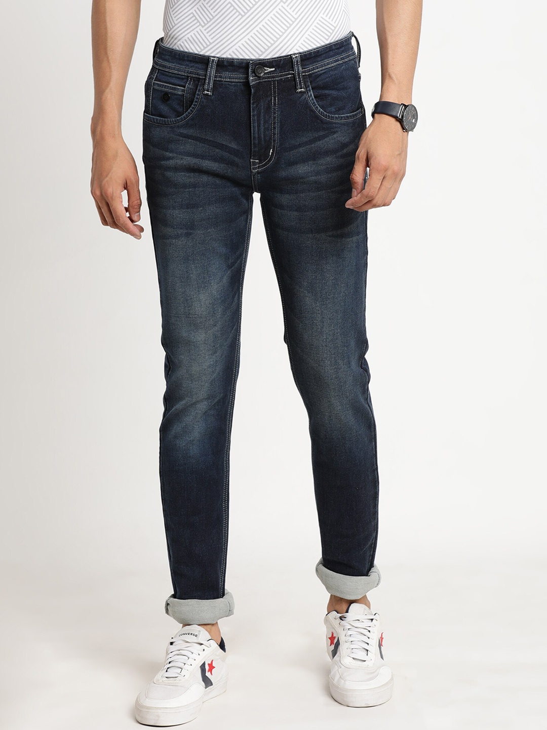 

Turtle Men Narrow Tapered Fit Heavy Fade Stretchable Jeans, Blue