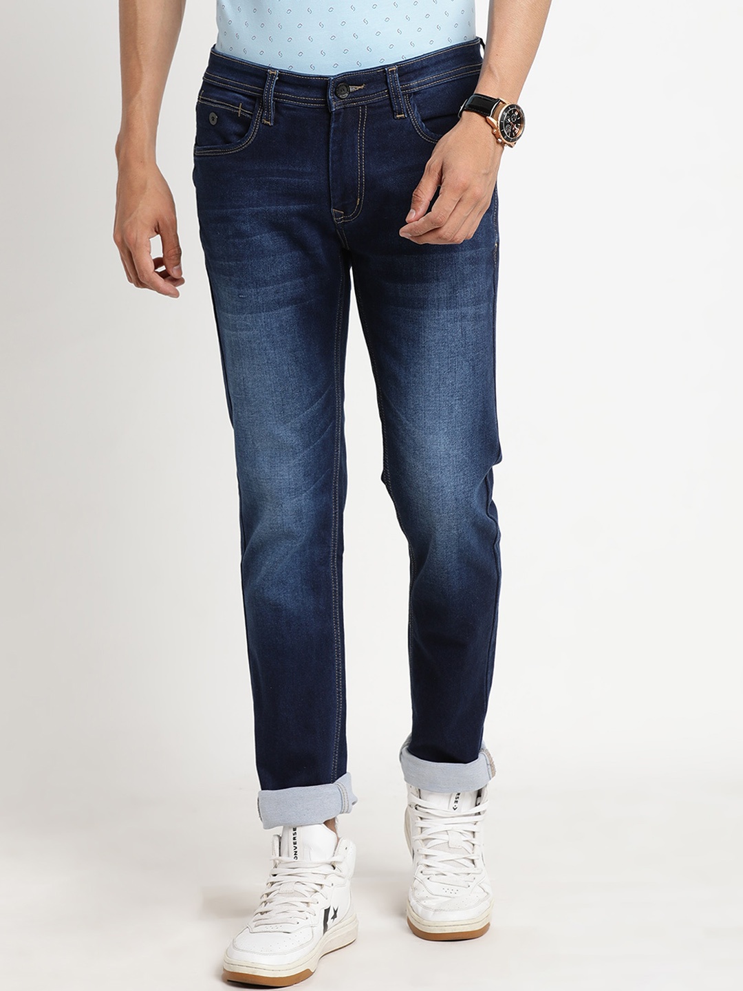 

Turtle Men Narrow Tapered Fit Light Fade Stretchable Jeans, Blue