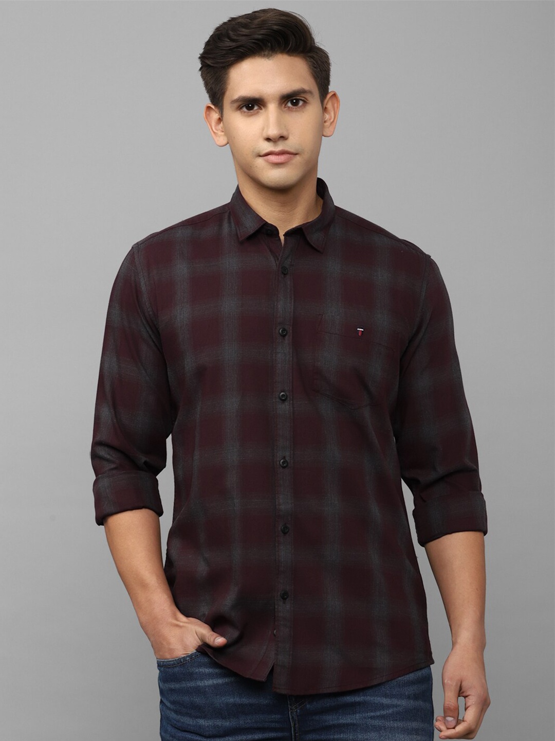 

Louis Philippe Jeans Men Checked Slim Fit Pure Cotton Casual Shirt, Maroon