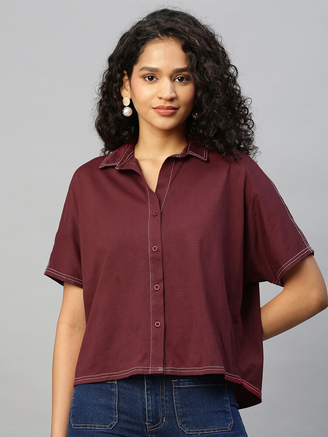 

Chemistry Women Pure Cotton Crop Casual Shirt, Burgundy