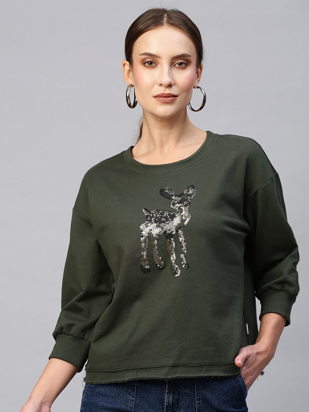 

Chemistry Sequin Embellished Pure cotton Raw Edge Sweatshirt, Olive