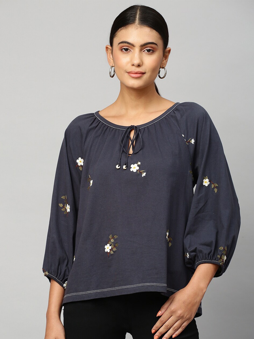

Chemistry Floral Embroidered Tie-Up Neck Pure Cotton Top, Charcoal