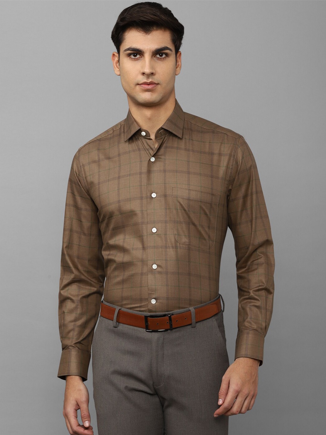 

Luxure by Louis Philippe Windowpane Checked Formal Cotton Shirt, Brown