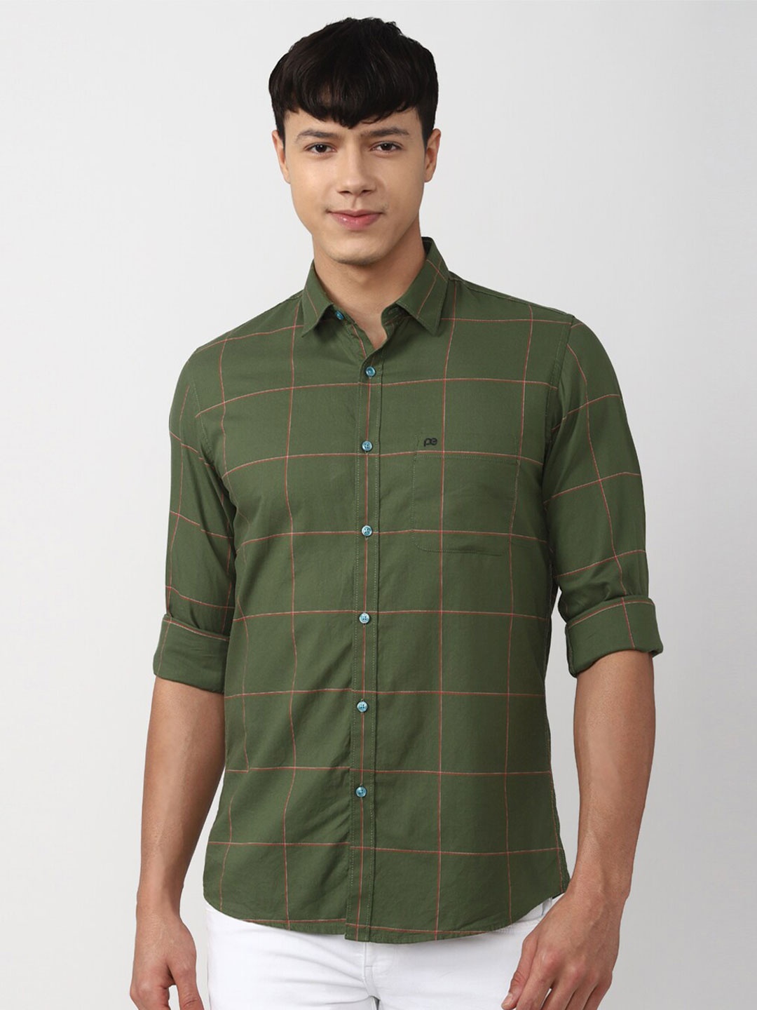 

Peter England Casuals Men Slim Fit Windowpane Checks Pure Cotton Casual Shirt, Olive
