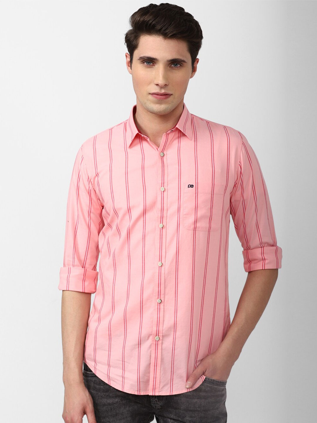 

Peter England Casuals Men Slim Fit Striped Pure Cotton Casual Shirt, Pink