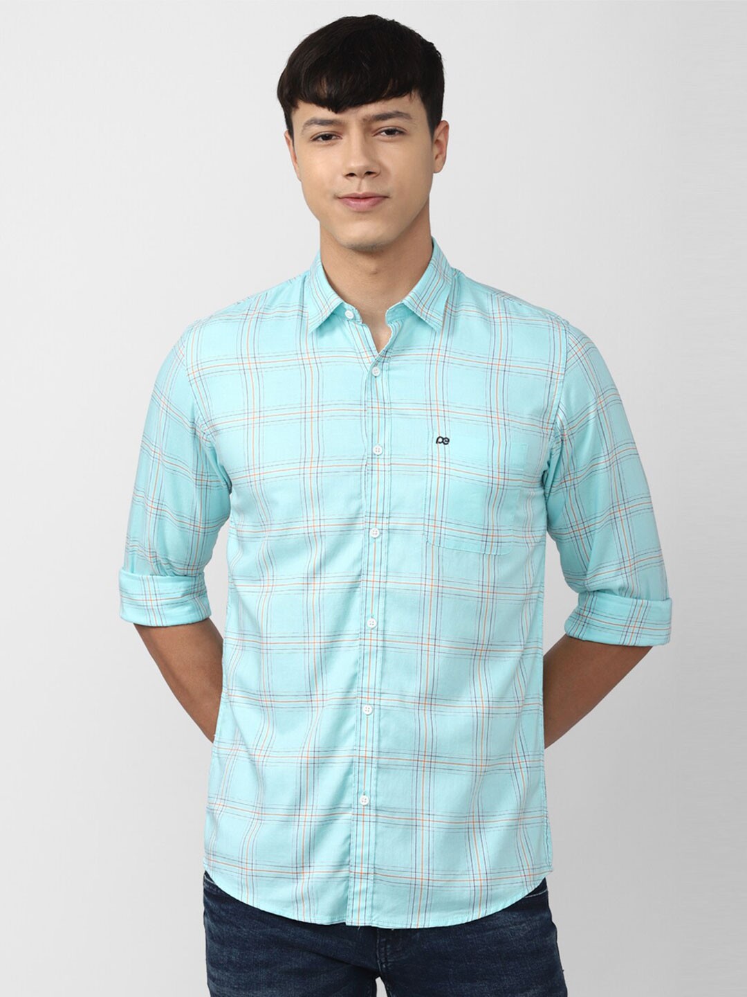 

Peter England Casuals Men Slim Fit Tartan Checks Pure Cotton Casual Shirt, Sea green