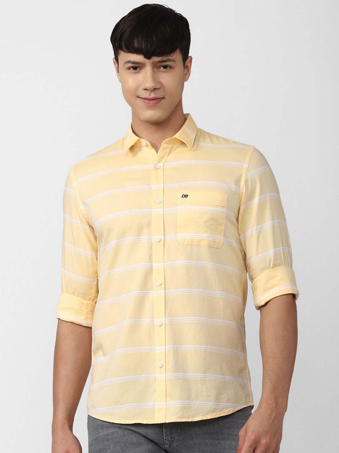 

Peter England Casuals Men Slim Fit Horizontal Stripes Pure Cotton Casual Shirt, Yellow