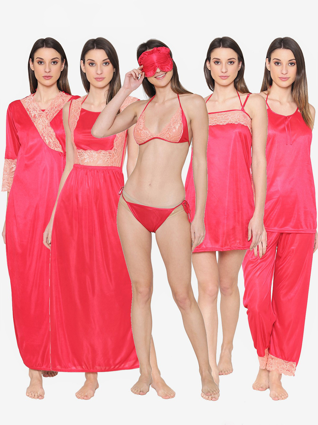 

N-Gal Satin Pack Of 8 Lace Trim Lingerie set with Eye Mask Maxi Nightdress, Pink