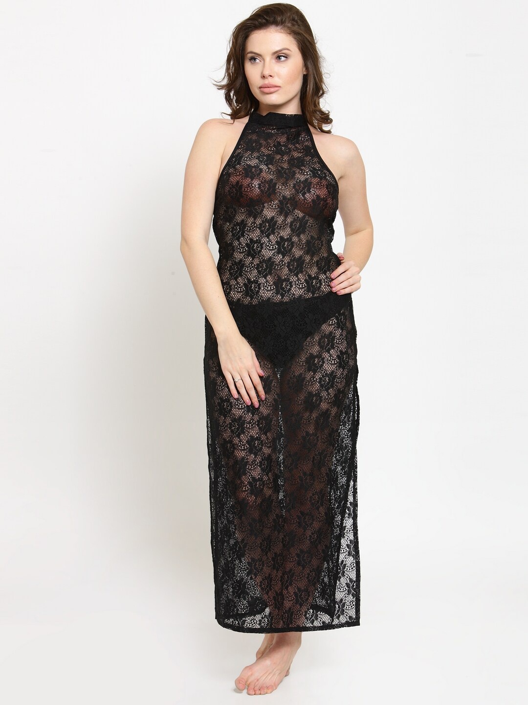 

N-Gal Self Design Side Slit Lace with G-String Maxi Nightdress, Black