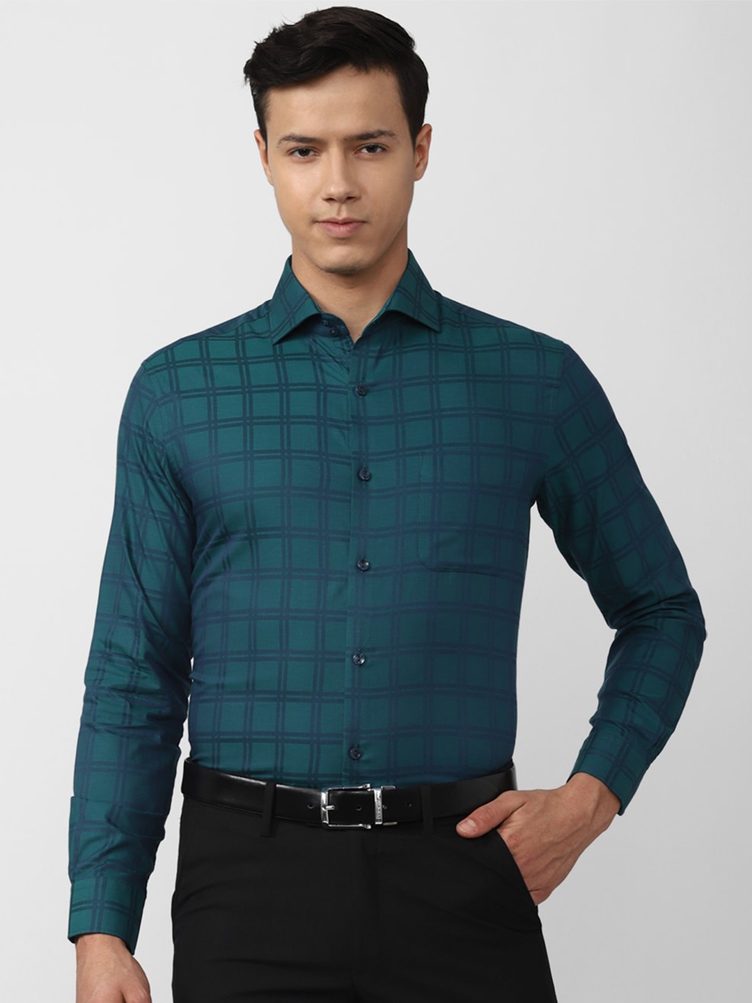

Peter England Elite Checked Pure Cotton Formal Shirt, Green