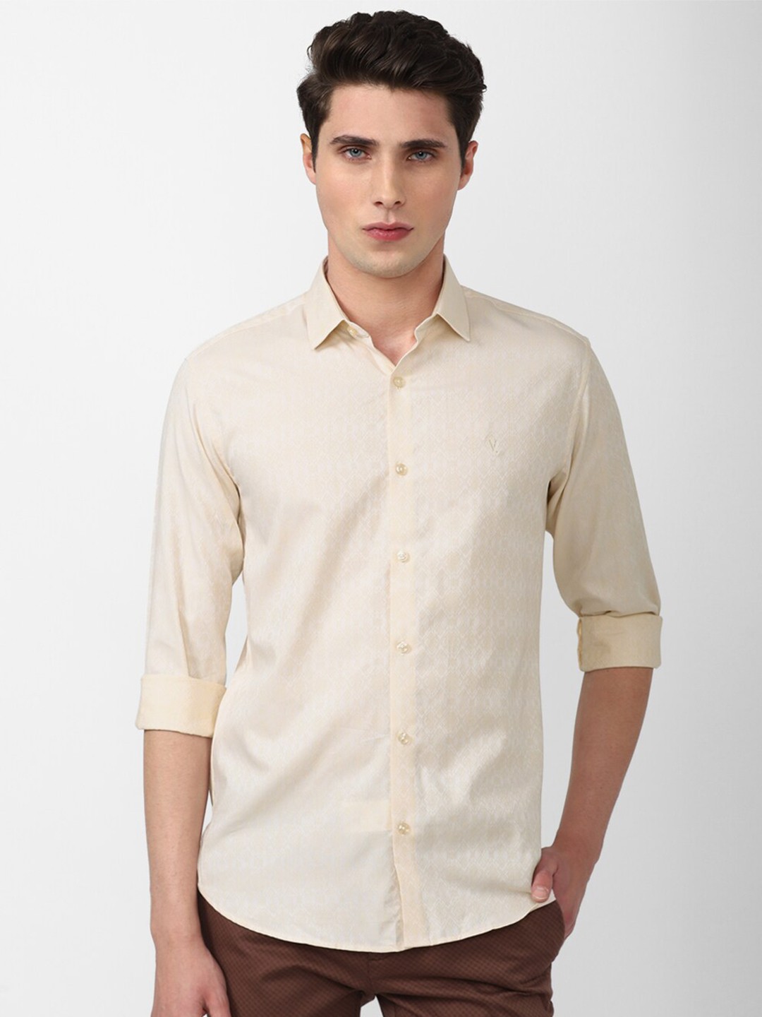 

V Dot Men Slim Fit Cotton Casual Shirt, Cream