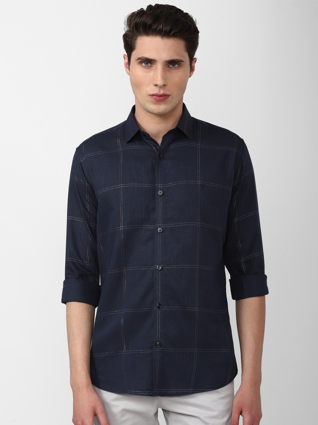 

V Dot Men Slim Fit Windowpane Checks Cotton Casual Shirt, Navy blue