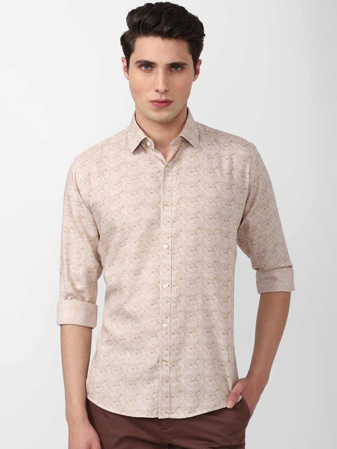 

V Dot Slim Fit Floral Printed Cotton Casual Shirt, Peach