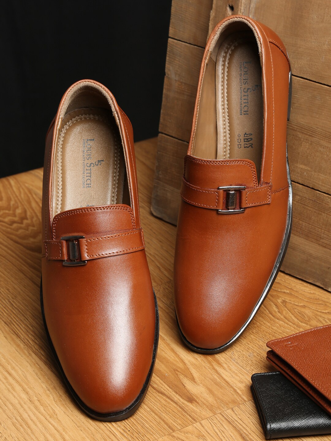 

LOUIS STITCH Men Tan Brown Solid Leather Formal Slip-Ons