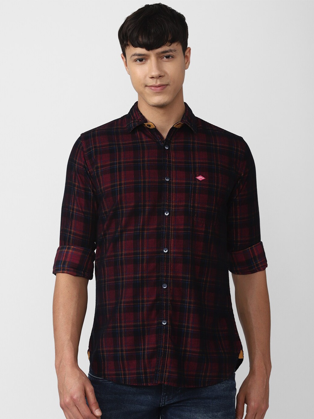 

VAN HEUSEN DENIM LABS Men Slim Fit Tartan Checked Pure Cotton Casual Shirt, Maroon