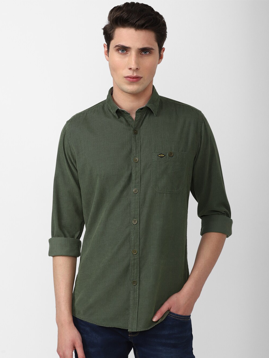 

VAN HEUSEN DENIM LABS Men Slim Fit Pure Cotton Casual Shirt, Olive