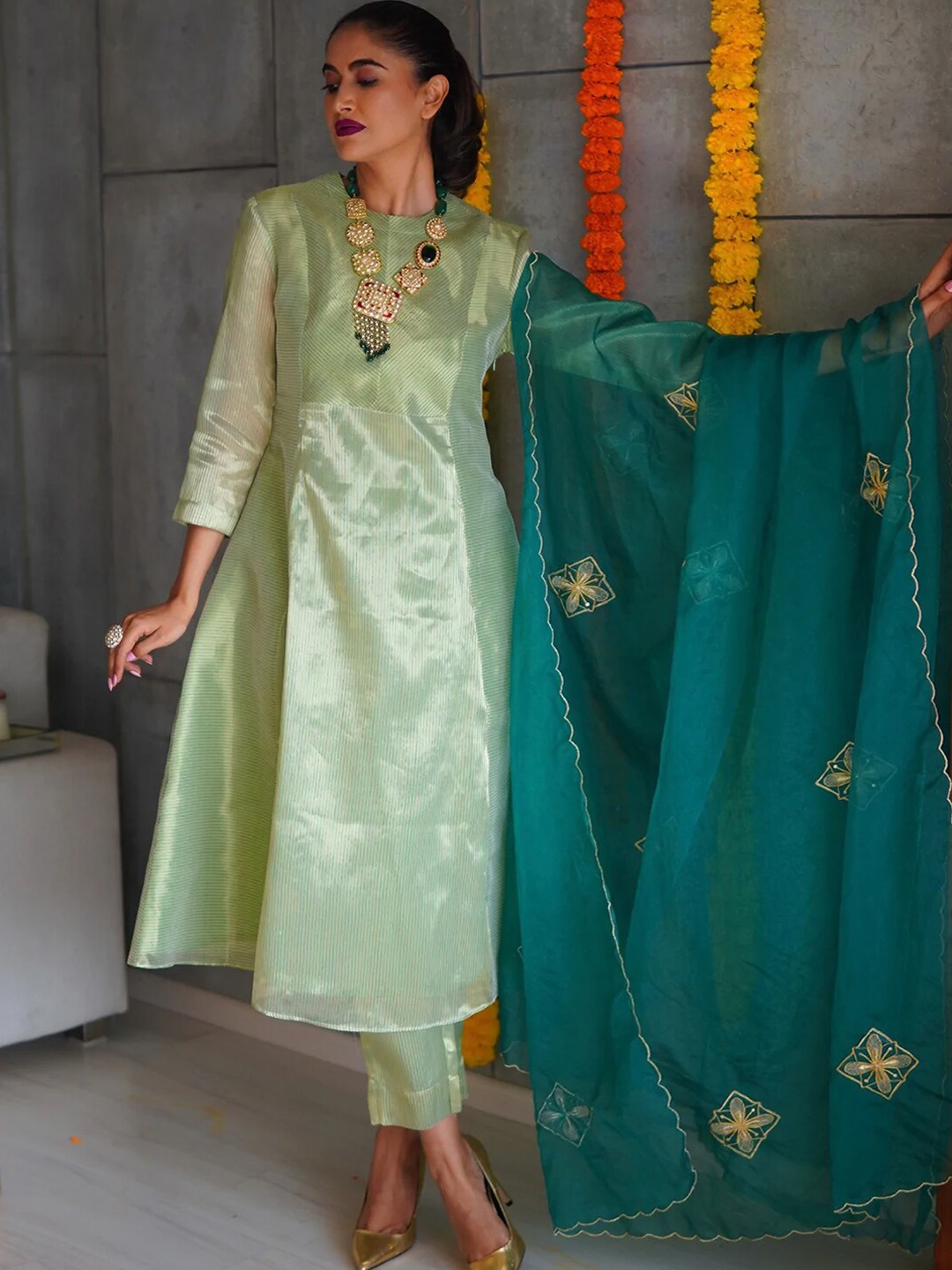 

Ambraee Women Green Striped Kurta with Trousers & Dupatta