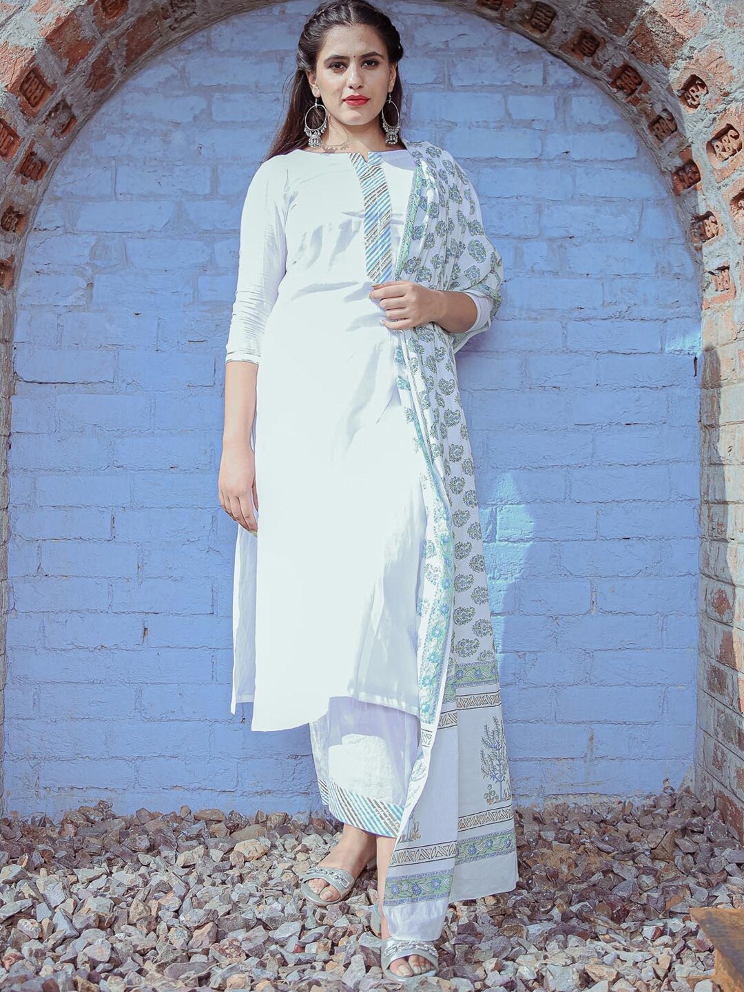 

Ambraee Women White Yoke Design Kurta with Trousers & Dupatta