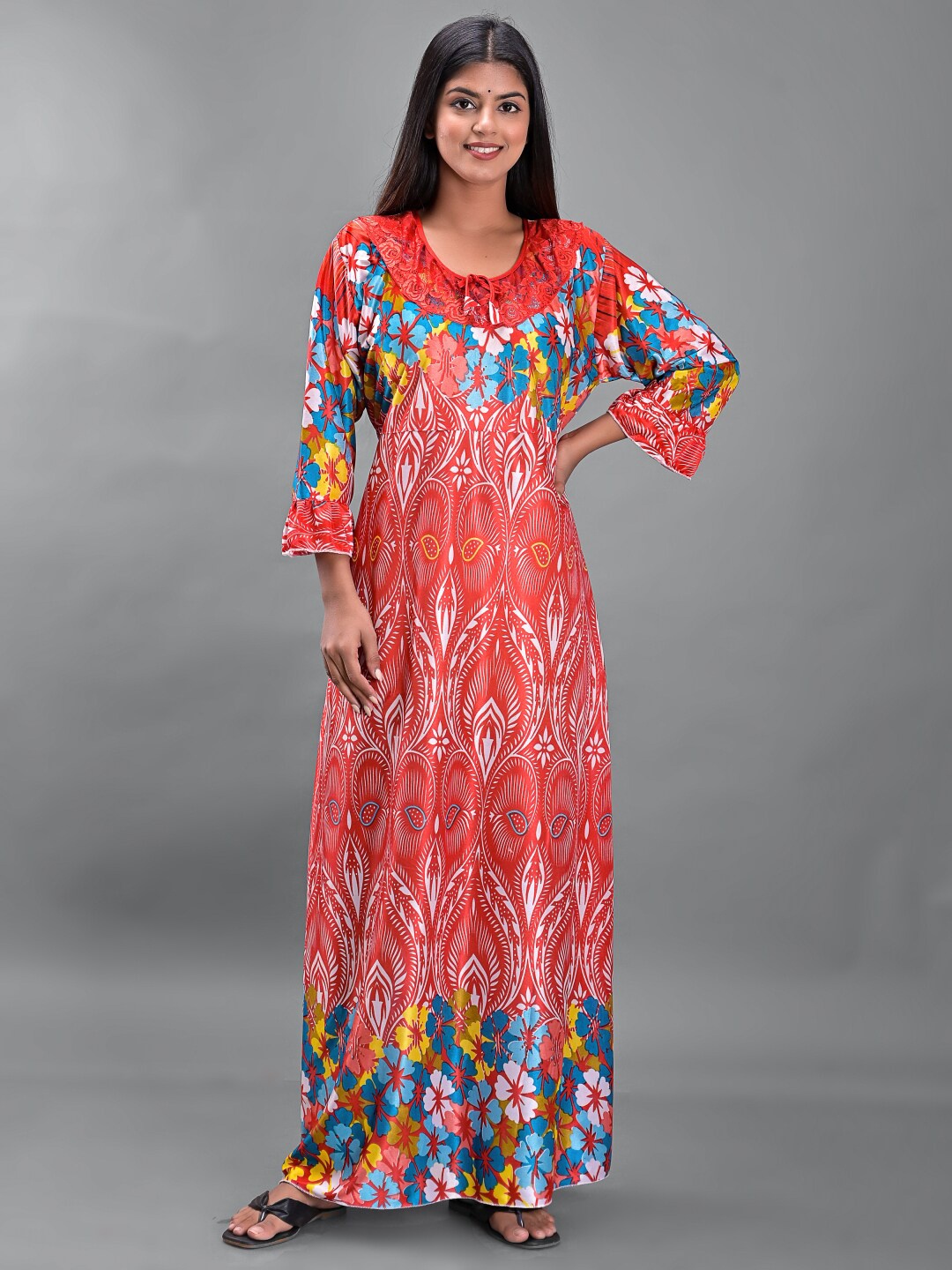 

Apratim Women Red Printed Maxi Nightdress