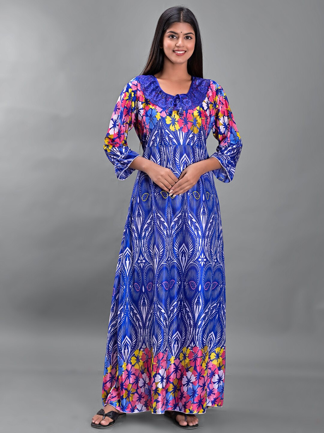 

Apratim Women Blue Printed Maxi Nightdress