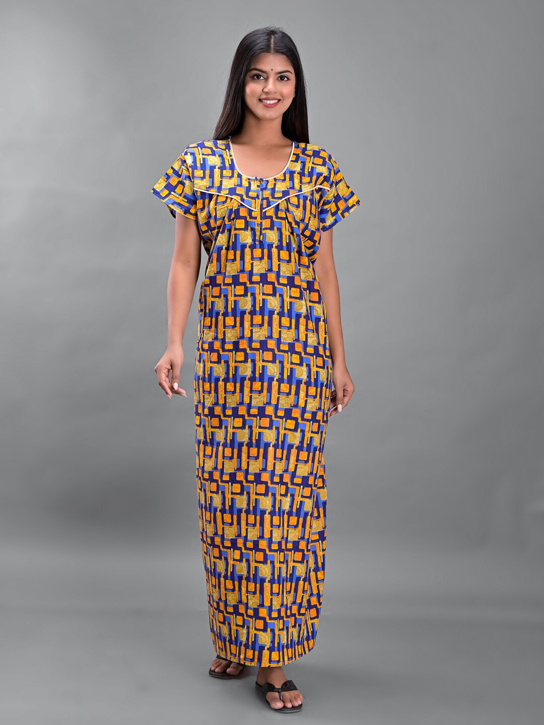 

Apratim Printed Cotton Maxi Nightdress, Yellow