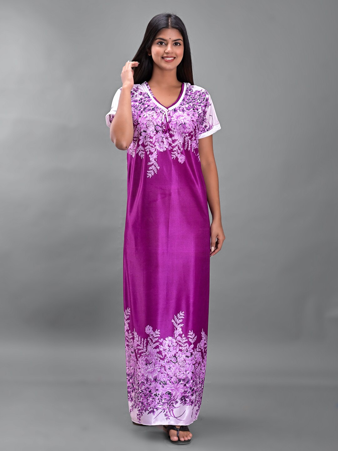 

Apratim Floral Printed Satin Maxi Nightdress, Purple