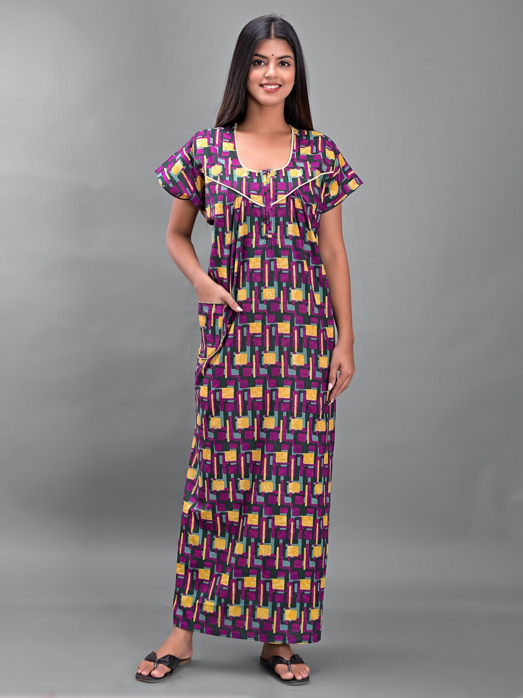 

Apratim Women Purple Printed Cotton Maxi Nightdress