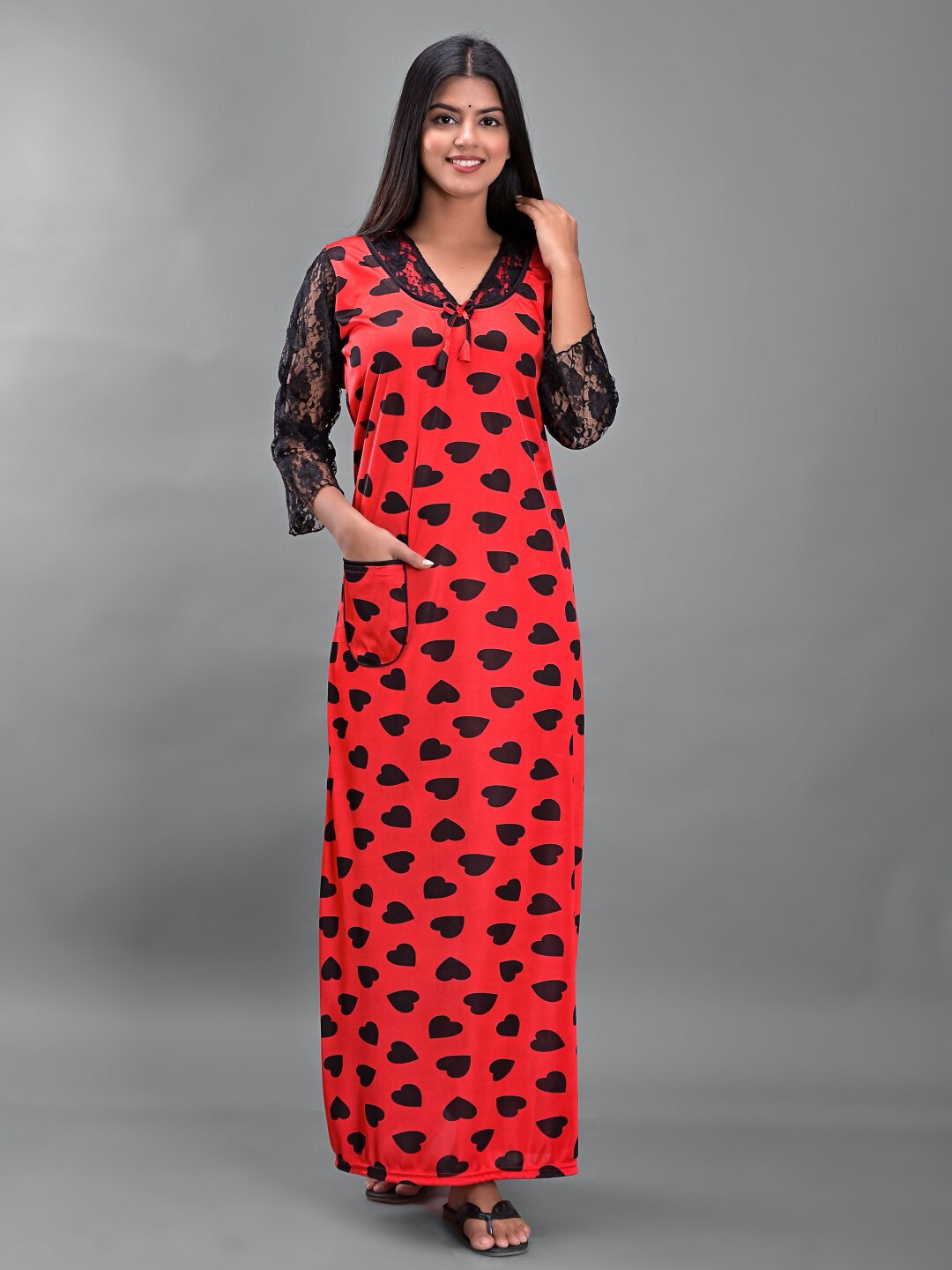 

Apratim Red Printed Maxi Nightdress