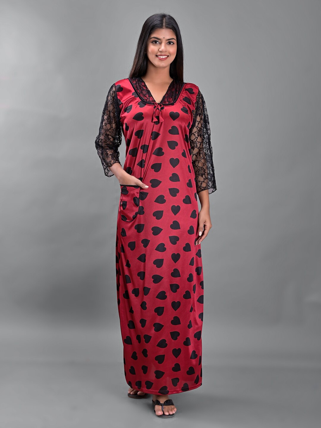 

Apratim Printed Satin Maxi Nightdress, Maroon