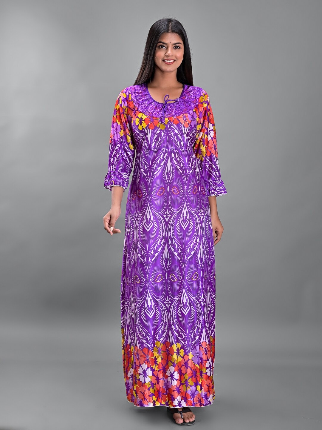 

Apratim Women Printed Satin Maxi Nightdress, Purple