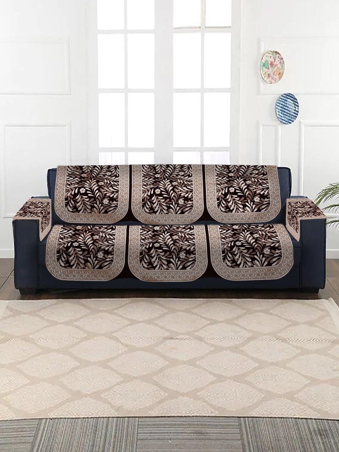 

MULTITEX 16-Pcs Copper & White Printed 5- Seater Sofa Cover