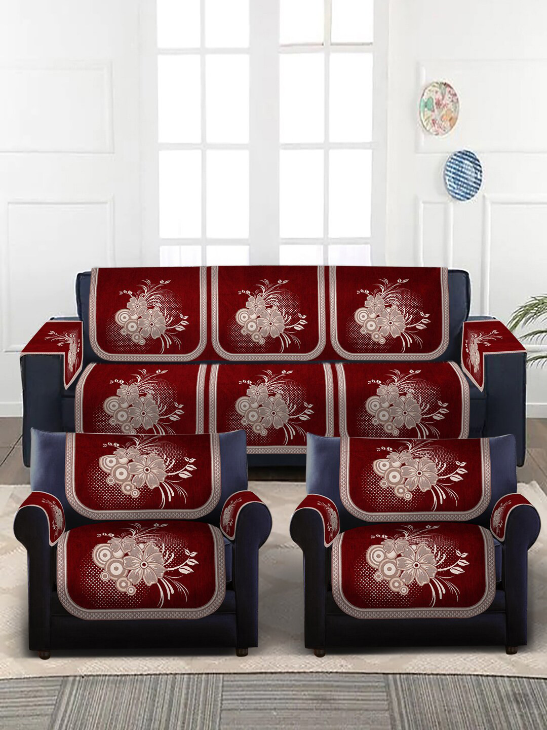 

MULTITEX 16-Pcs Maroon Self-Design 5-Seater Sofa Covers