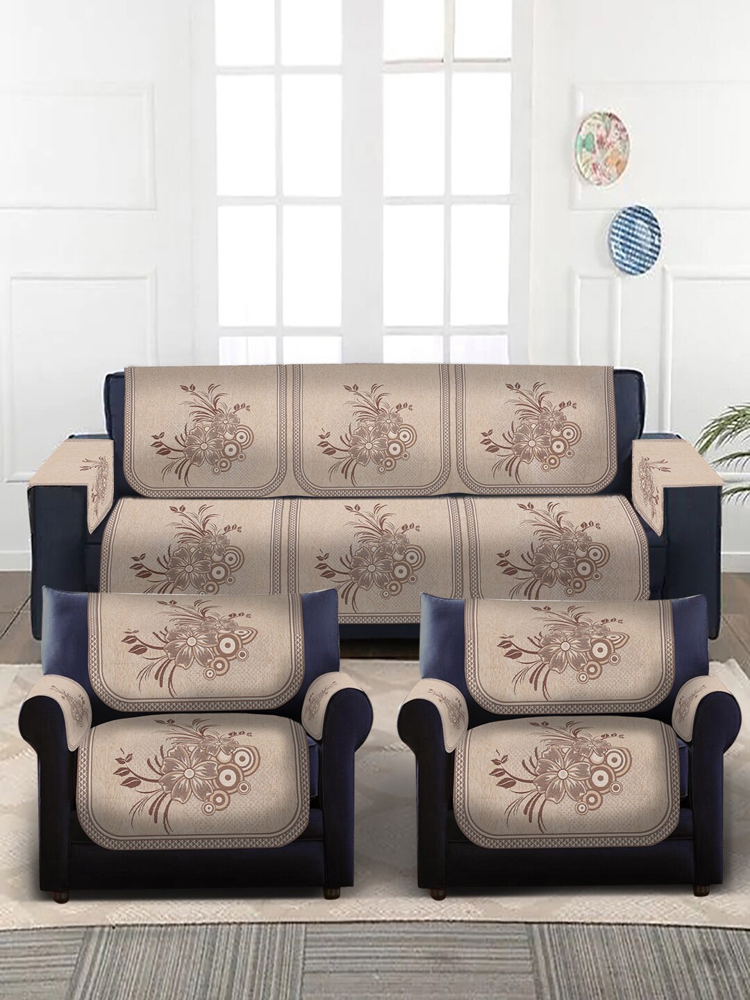 

MULTITEX 16-Pcs Brown Printed Jacquard Sofa Covers, Off white
