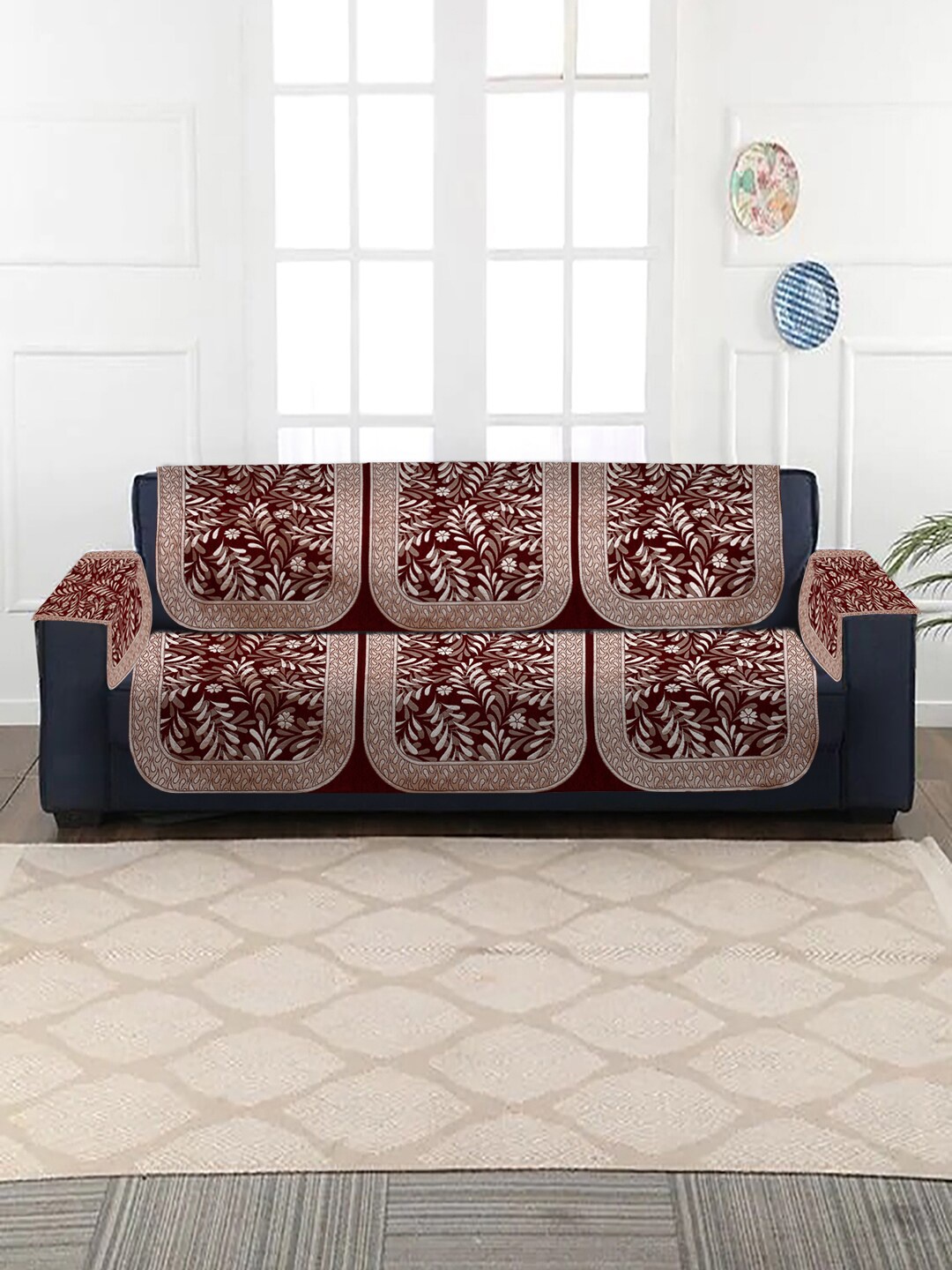 

MULTITEX 16-Pcs Red Printed 5-Seater Velvet Sofa Covers
