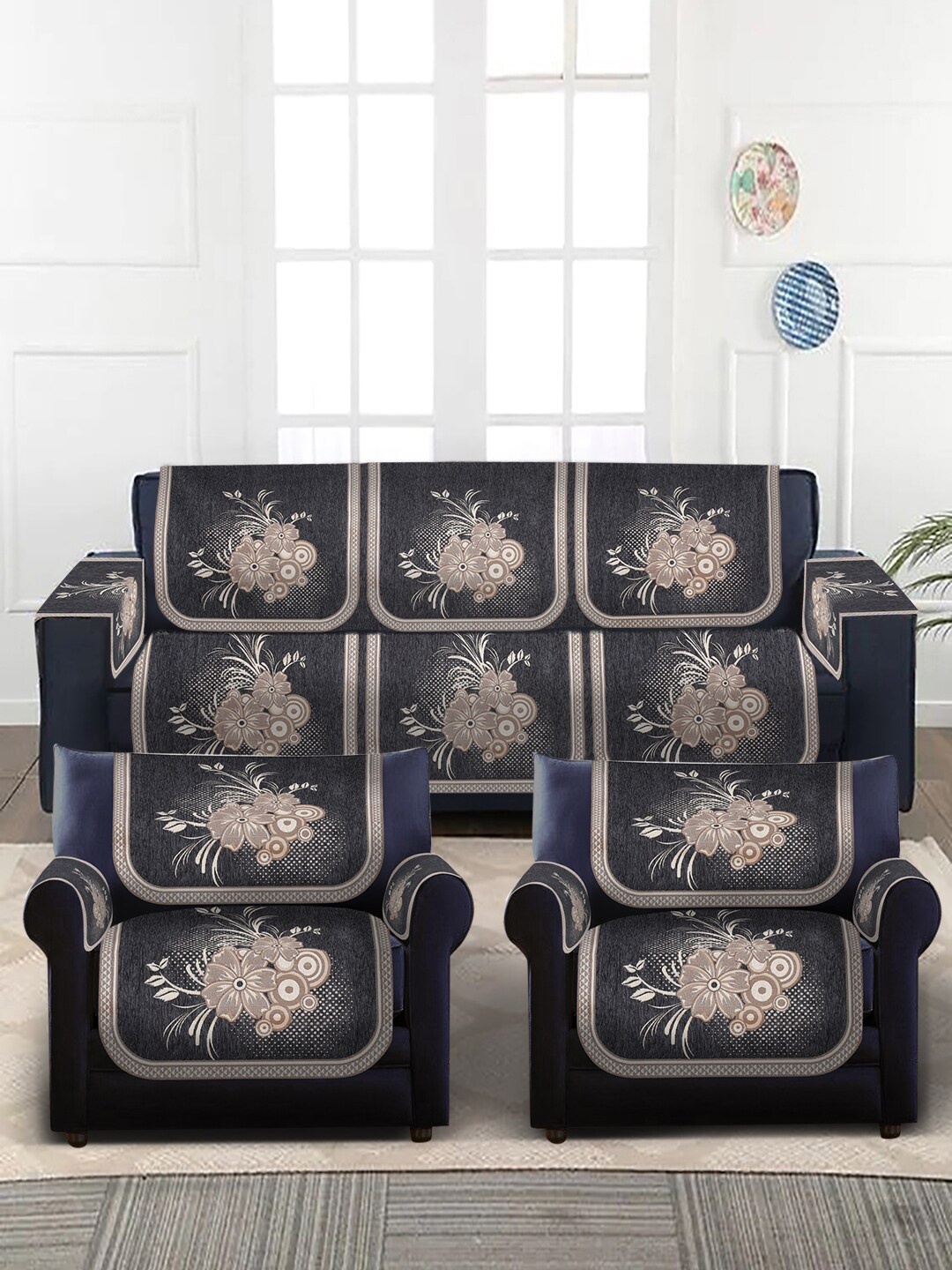 

MULTITEX 16-Pcs Metallic Coloured Printed 5-Seater Velvet Sofa Covers