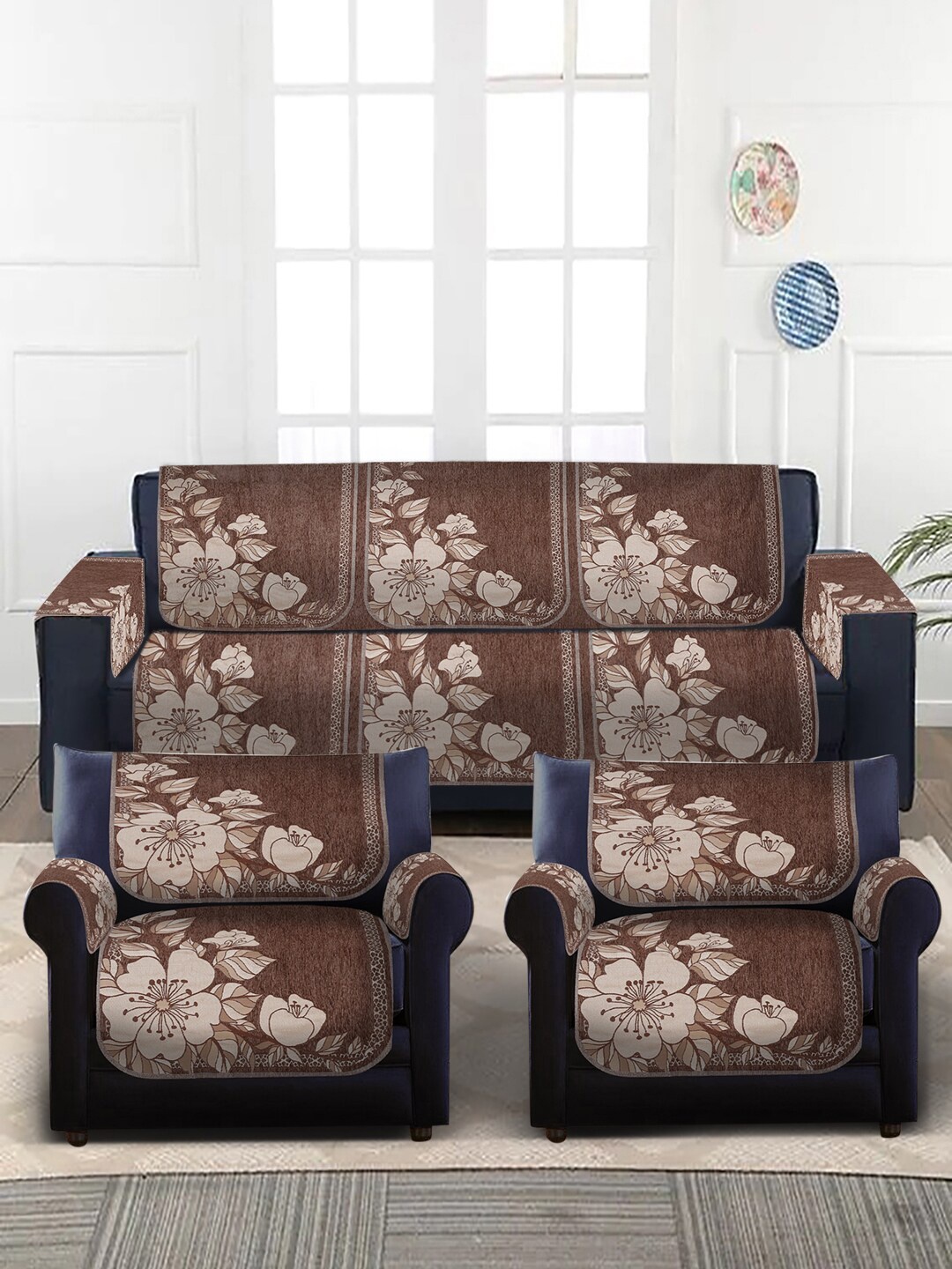 

MULTITEX 16-Pcs Tan Brown Printed 5-Seater Velvet Sofa Covers