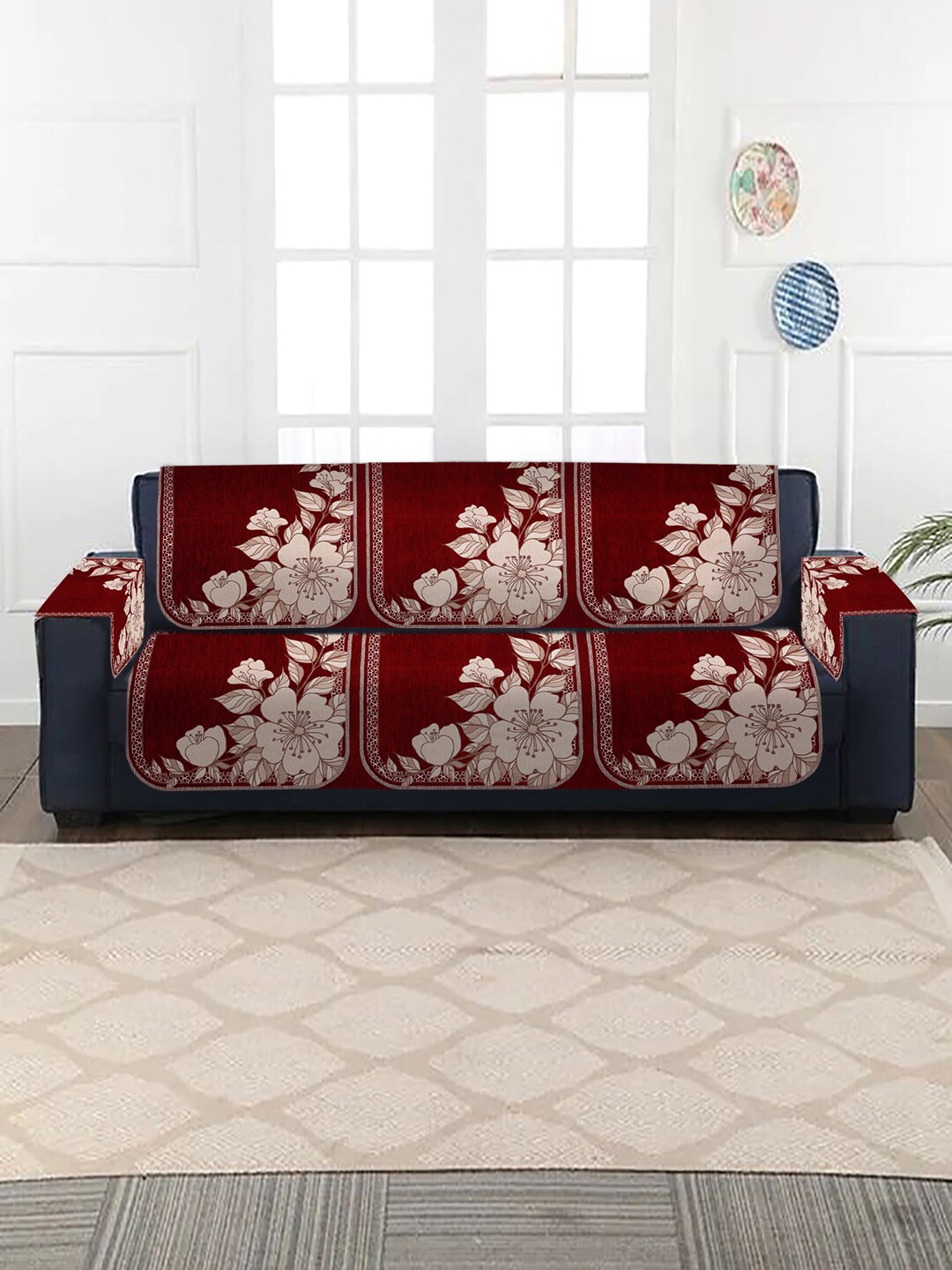 

MULTITEX 16-Pcs Maroon Printed 5-Seater Velvet Sofa Covers