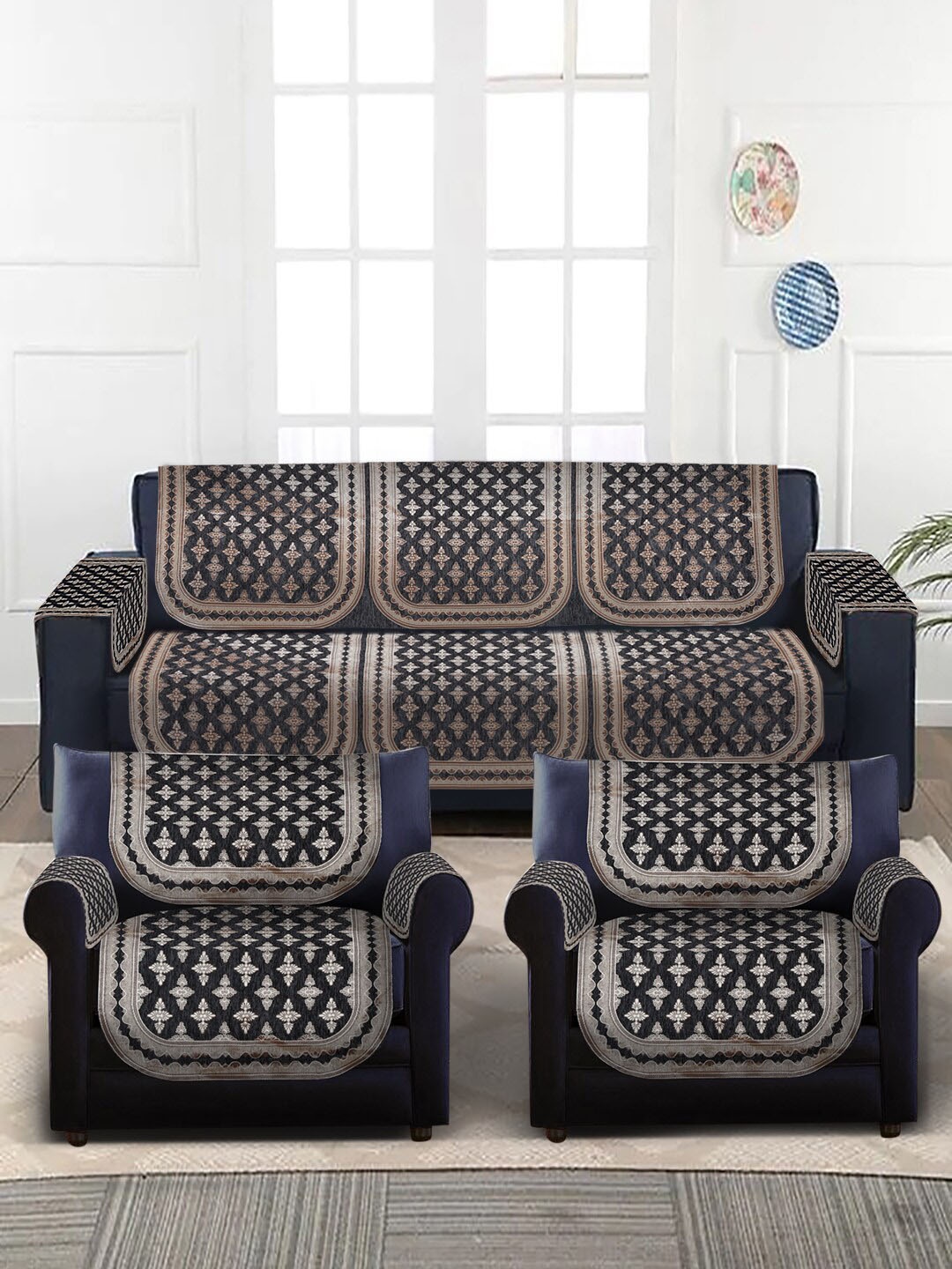 

MULTITEX 16-Pcs Grey Printed 5-Seater Velvet Sofa Covers