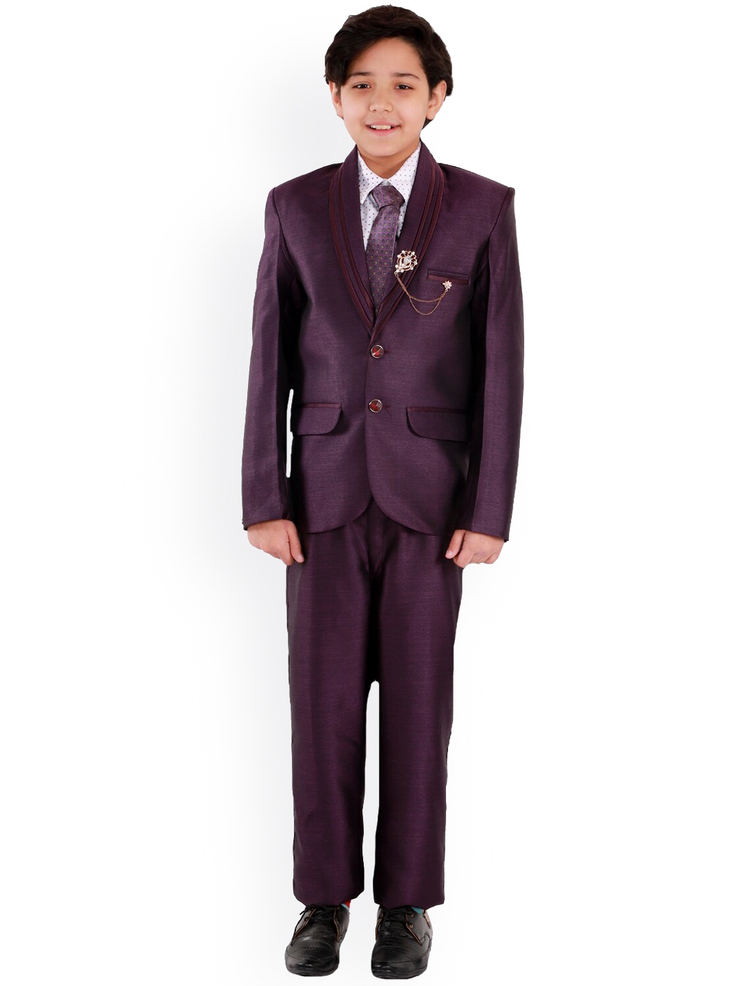 

FOURFOLDS Boys Self Design Single-Breasted 4-Piece Party Suits, Purple