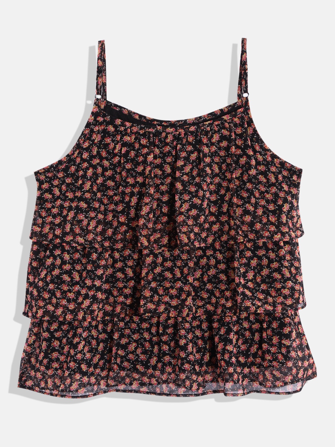 

HERE&NOW Girls Floral Printed Layered Georgette Tiered Top, Black