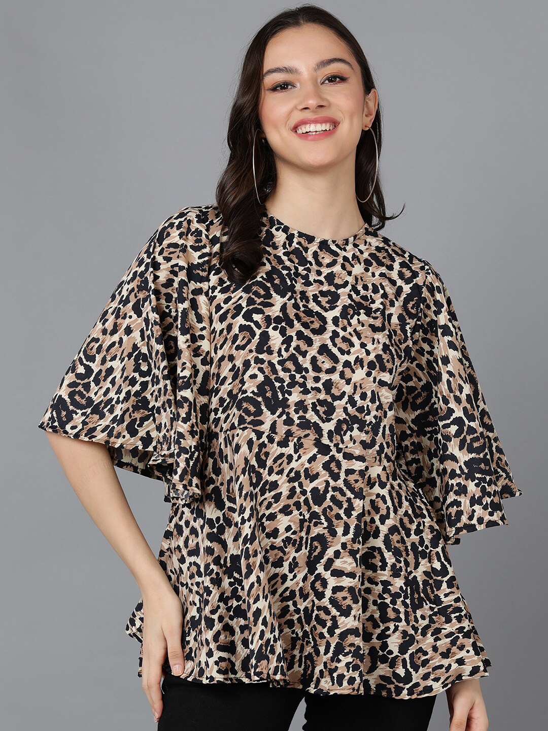 

ZNX Clothing Animal Printed Boat Neck A-Line Top, Brown