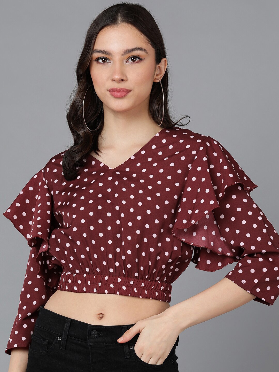 

ZNX Clothing Polka Dots Printed Blouson Crop Top, Burgundy