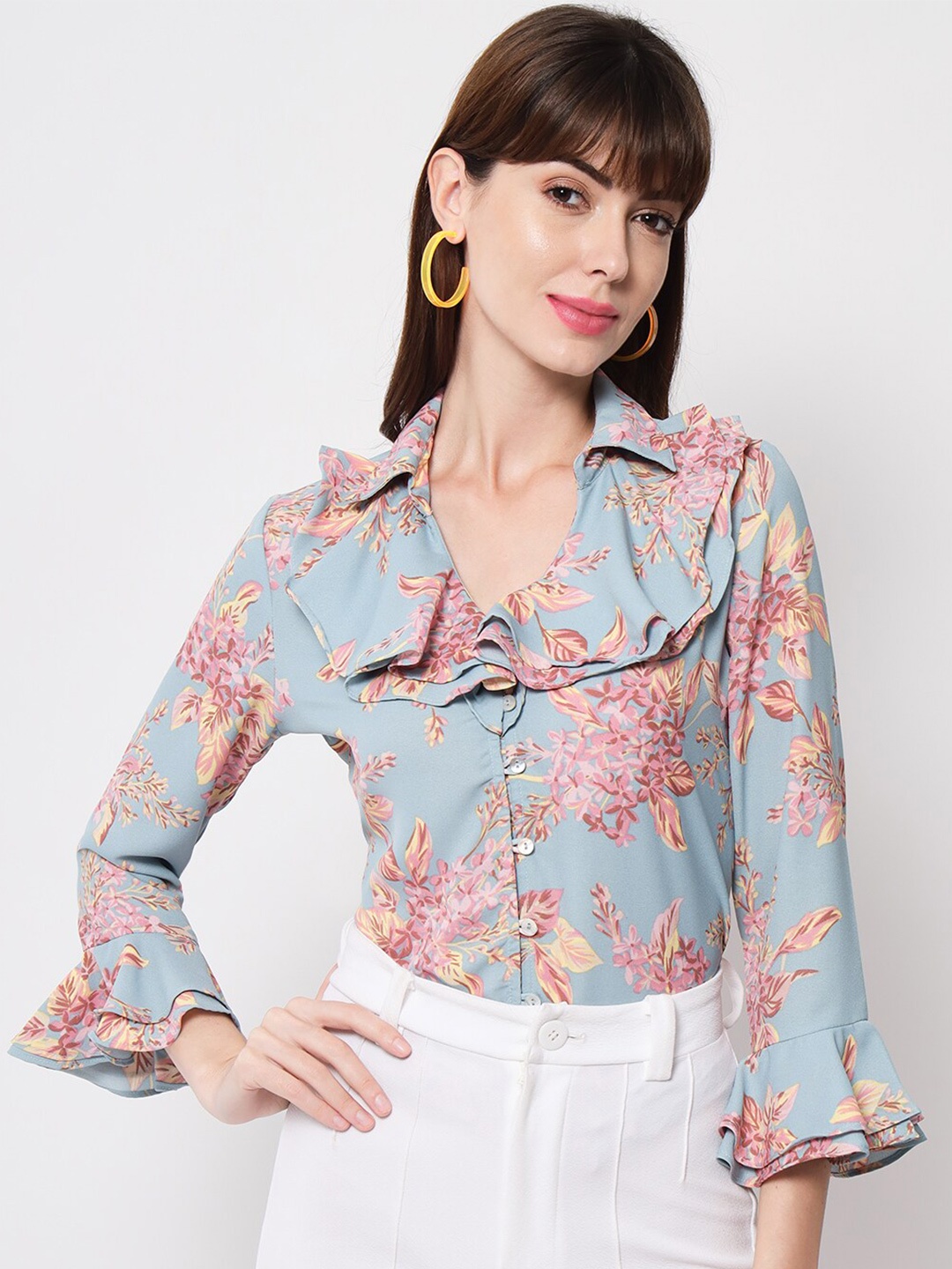 

HERE&NOW Floral Printed Shirt Collar Top, Turquoise blue