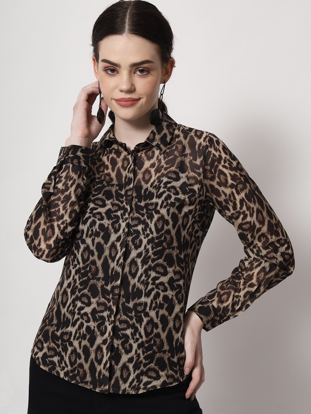

HERE&NOW Women Animal Semi Sheer Printed Party Shirt, Black