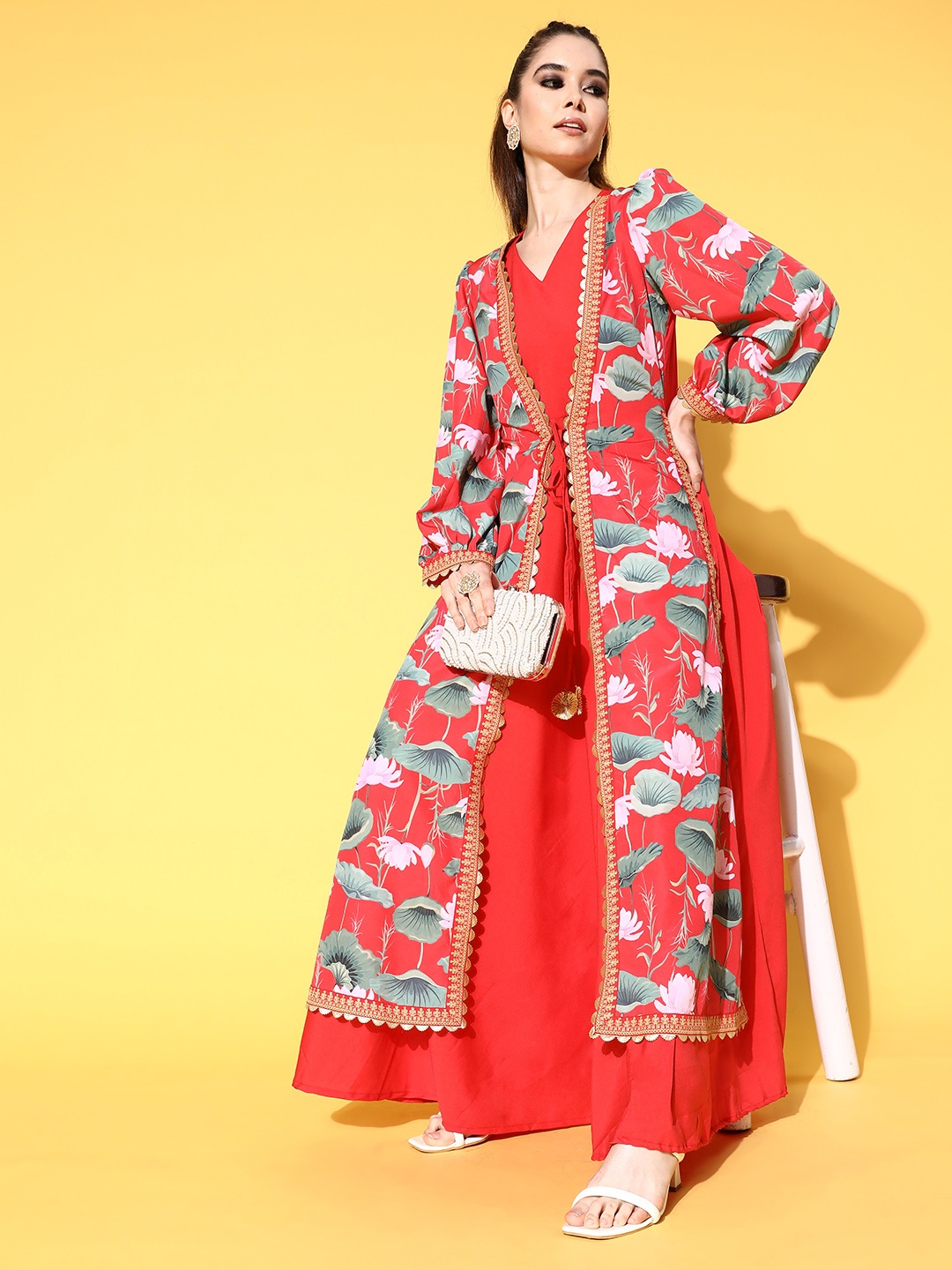 

Ahalyaa Floral Printed Tie-Ups Maxi Ethnic Dress, Red