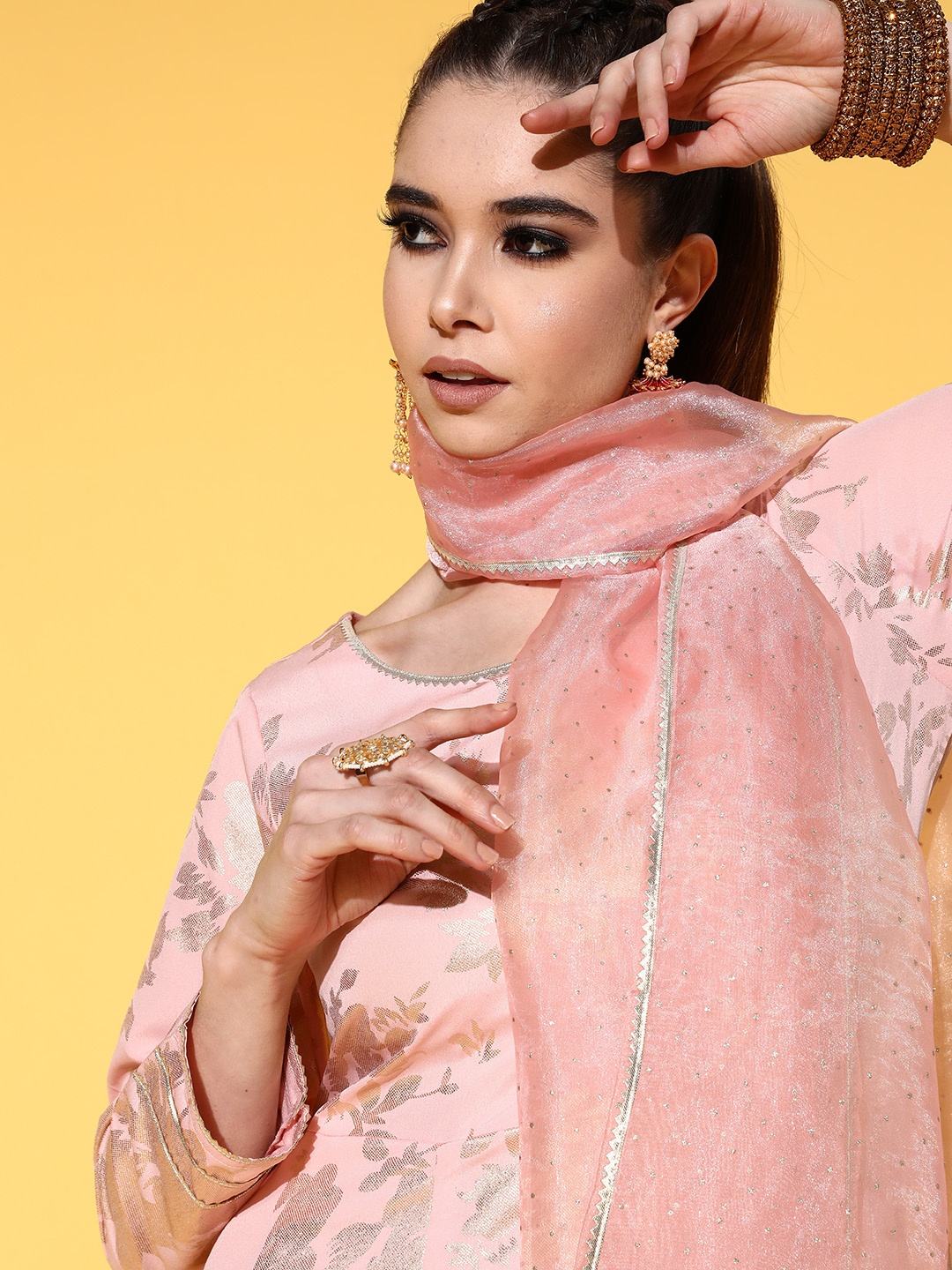 

Ahalyaa Pink Empire Gotta Patti Ethnic Dress With Dupatta