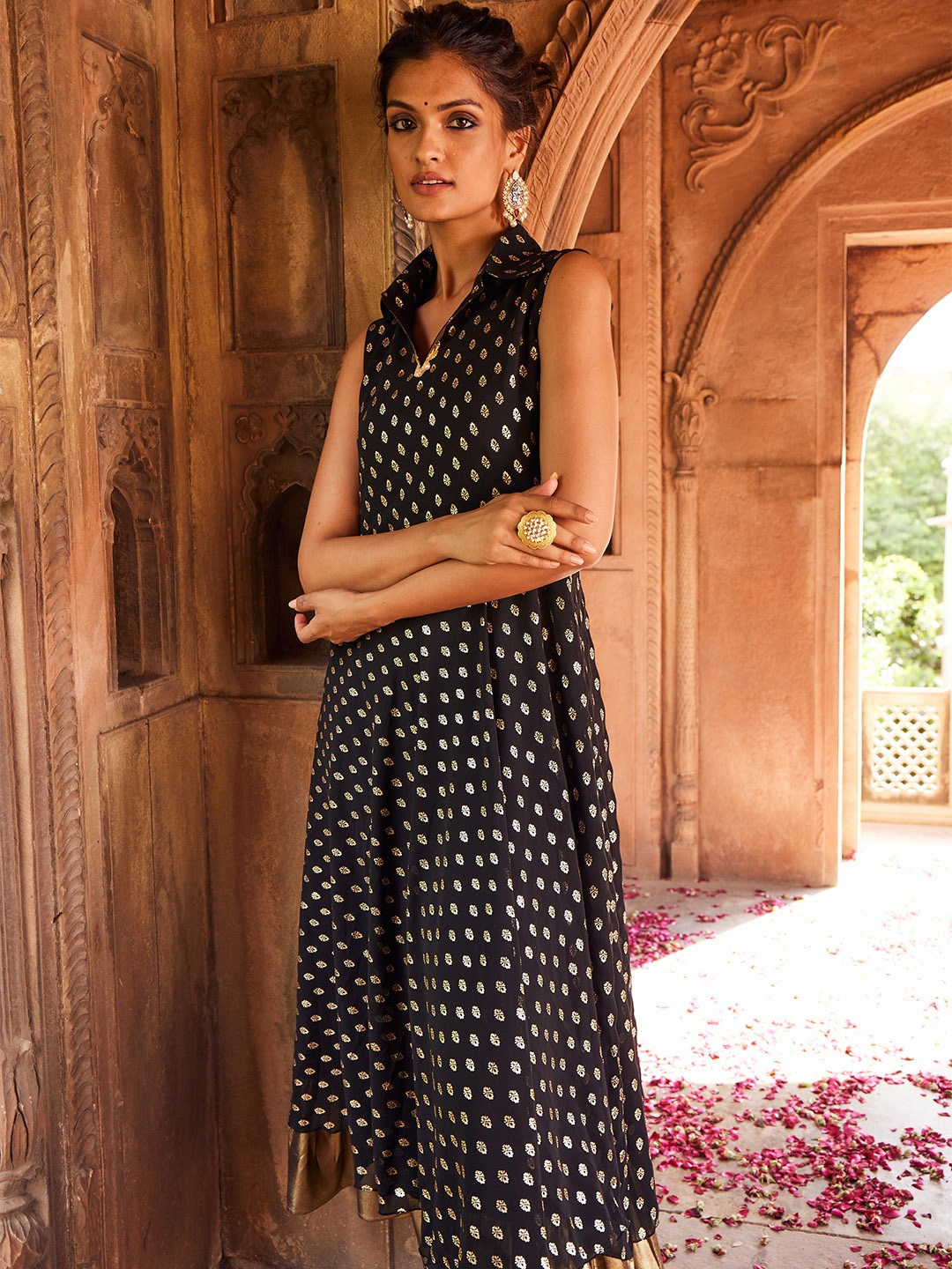 

Ahalyaa Black Georgette Ethnic Motifs Printed Shirt-Collar Midi Fit & Flare Ethnic Dress
