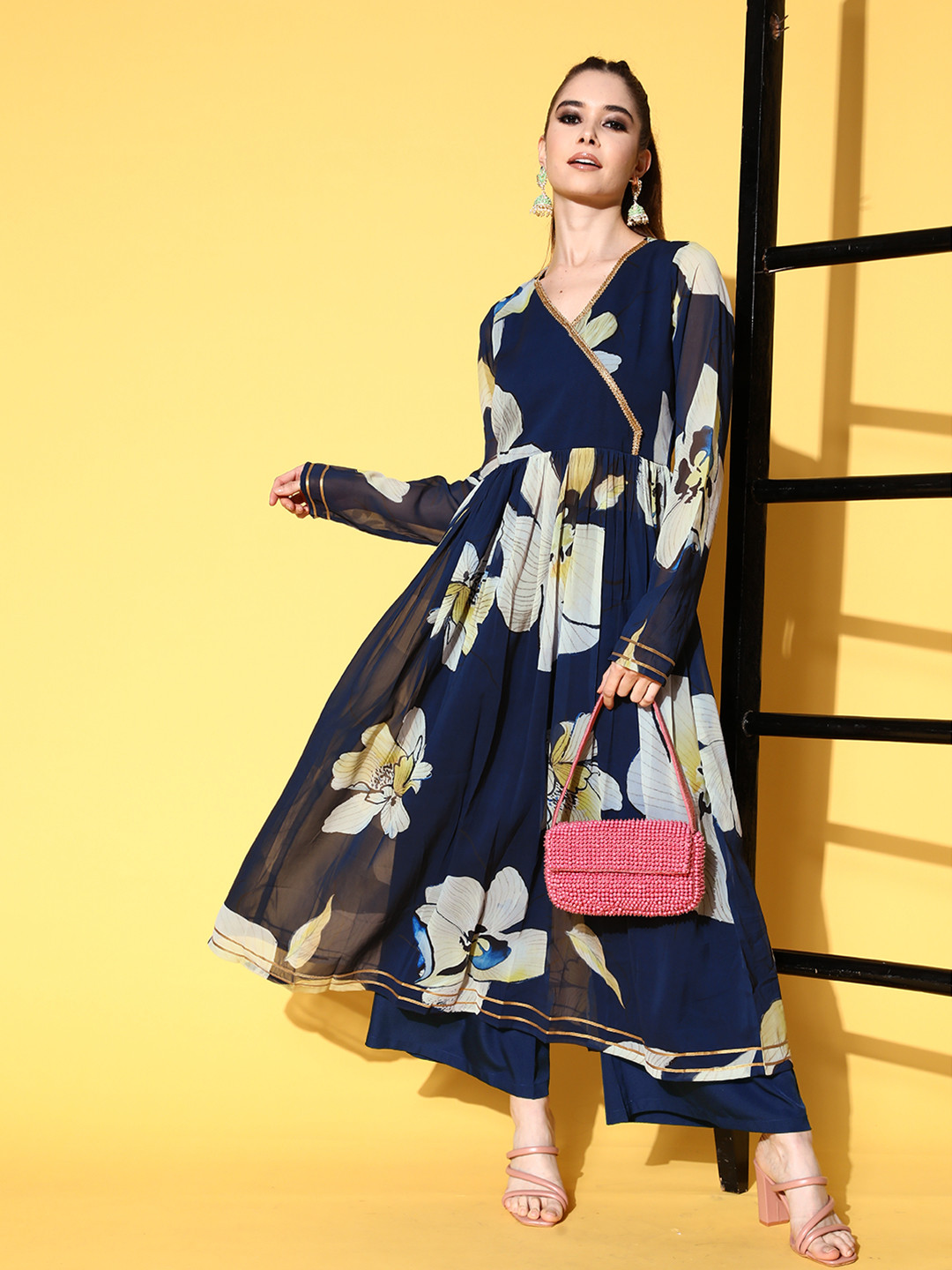 

Ahalyaa Women Navy Blue Floral Printed Angrakha Kurta with Palazzos