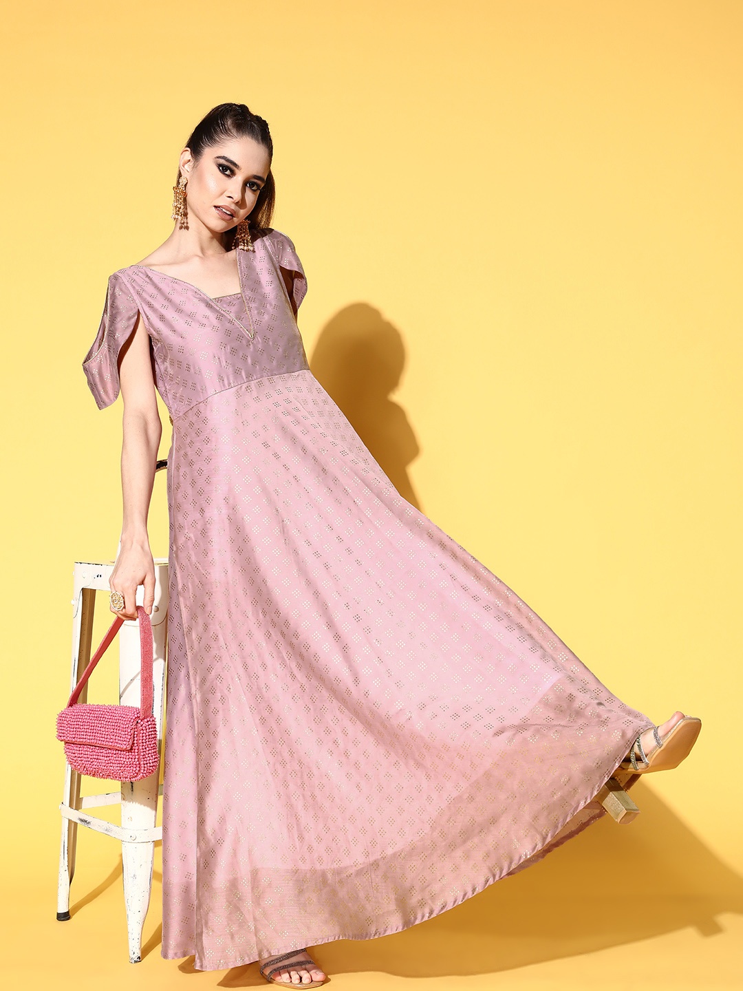 

Ahalyaa Chanderi Cold-Shoulders Printed Maxi Ethnic Dress, Rose gold
