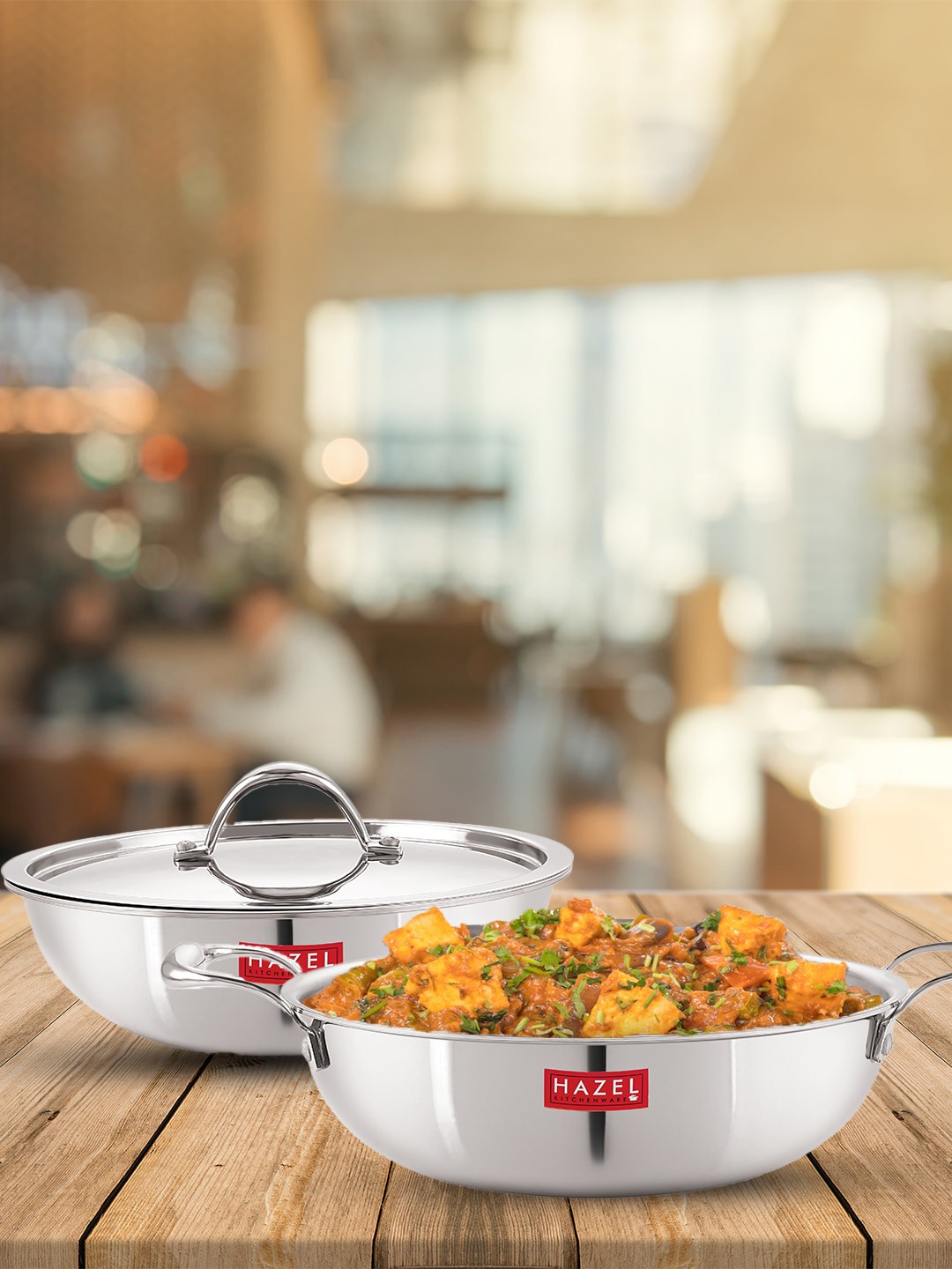 

HAZEL Set Of 2 TriPly Stainless Steel Induction Bottom Tasra & Kadhai With Lid, Silver